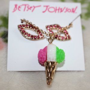 NWT Betsey Johnson Necklace & Earring Set Ice Cream Cone & Kissing Lips Summer